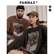 潘·麥克斯（PANMAX）PANMAX大碼潮牌男裝美式高街休閑嘻哈潮流印花純棉假兩件長袖T恤 黑棕色 2XL