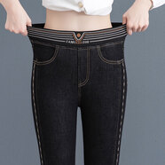 EINDKAD高腰牛仔褲女秋裝修身顯瘦松緊腰大碼緊身小腳牛仔褲女長(cháng)褲子春秋 黑色 3XL