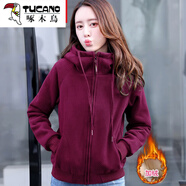 啄木鳥(niǎo) 加絨加厚衛衣女2025秋冬新款短外套寬松顯瘦短款拉鏈開(kāi)衫 酒紅-加絨款 M