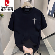 皮爾卡丹（pierre cardin）男士美式潮流短袖T恤設(shè)計(jì)感印花圓領(lǐng)上衣半天體恤衫 黑色【K945 四角星】男裝2024新 S 建議90-100斤