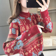 施洛瀾（SINO LOVE）加厚毛衣女裝秋冬2025新款寬松針織上衣洋氣半高領(lǐng)打底衫慵懶外穿 紅色 均碼 建議90-135斤