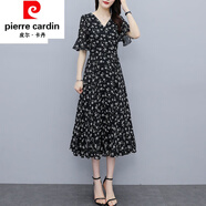 皮爾卡丹（pierre cardin）女裝雪紡連衣裙女夏季2022年新款修身夏天碎花收腰顯瘦氣質(zhì)中 黑色 XL 建議110-125斤