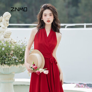 ZNMO高端品牌夏季新款港風(fēng)掛脖吊帶連衣裙女御姐禮服時尚顯瘦高貴氣質(zhì) 紅色 M推薦100-110斤