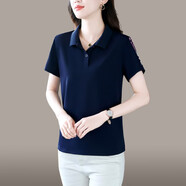 纖飛露 冰絲棉質(zhì)翻領(lǐng)短袖t恤女運動(dòng)polo衫帶領(lǐng)T恤媽夏季女士有領(lǐng)半袖潮 3338-寶藍 3XL建議穿124-135斤