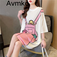 潮牌Avmko連衣裙2022女夏裝新款冰絲學(xué)院風(fēng)短袖T恤連衣裙寬松韓版小眾設計感印花假兩件上衣 圖片色 均碼
