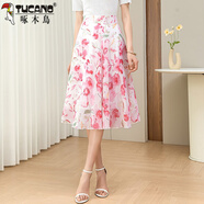 啄木鳥(niǎo)新款夏季雪紡格子半身裙女中長(cháng)款高腰大尺碼百褶修身小個(gè)子a字裙 2023A1白底粉花中長(cháng)裙2024 L