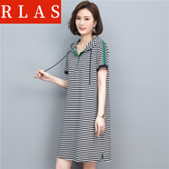 RLAS韓版休閑短袖撞色條紋衛(wèi)衣連衣裙女夏季中長款寬松帶帽T恤裙 藍條紋 M