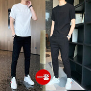 AFILMBY 男士夏季套裝潮流休閑套裝男短袖t恤套裝男裝衣服男夏天運動(dòng)套裝 8609黑色(短袖+長(cháng)褲) 4XL