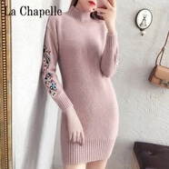 拉夏貝爾（La Chapelle）加絨加厚秋冬裝中長(cháng)款繡花寬松長(cháng)袖針織打底衫大碼毛衣女裙 純100自動(dòng)發(fā)熱41皮粉色 純100自動(dòng)發(fā)熱XL建議115-125斤