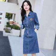 FZMF牛仔長(cháng)袖連衣裙女冬秋2024新款收腰顯瘦小個(gè)子洋氣質(zhì)polo領(lǐng)襯衫裙 2117-藍色 M 【100-110斤】