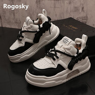 Rogosky香港潮牌男鞋厚底增高老爹鞋秋季新品拼色休閑板鞋青年增高面包鞋 白黑增高版 38 皮鞋碼
