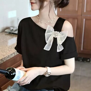 Lauaird 一字領(lǐng)露肩短袖T恤女2023夏季新款歐洲站蝴蝶結拼接洋氣時(shí)尚上衣 1010黑色 90-110斤選L碼