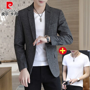 皮爾卡丹（pierre cardin）男士西服休閑格子單上衣外套春秋季青年韓版修身千鳥(niǎo)格帥氣小西裝 深灰206西服+白色短袖=共2件 2XL