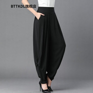 BTTKDL 時(shí)尚輕奢潮牌哈倫褲女夏垂順休閑褲長(cháng)褲寬松蘿卜褲高腰顯瘦闊腿燈籠 黑色 L碼建議111-125斤