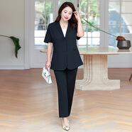 曖獻加肥大碼正裝職業(yè)西裝套裝女短袖夏季200斤胖妹妹顯瘦西服工裝 黑色(西裝+職業(yè)裙) 4XL （需要3XL碼備注即可）