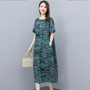 穆夏百合2025夏季新款女裝時(shí)尚氣質(zhì)休閑小個(gè)子棉麻連衣裙女中長(cháng)款a字裙子 孔雀綠 M