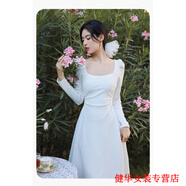 茵侈法式方領(lǐng)白色長(cháng)袖連衣裙女秋冬感生日小禮服收腰到腳踝長(cháng)裙子 白色長(cháng)款 S