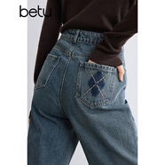 百圖betu女裝秋冬新款牛仔褲洗水高腰顯瘦闊腿褲褲子女2410T92 牛仔色 L