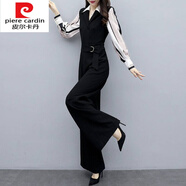 皮爾卡丹（pierre cardin）針織春秋連體褲女2025春款新款韓版時尚休閑黑色連衣褲高腰闊腿褲 黑色拼接條紋 S 85-95斤