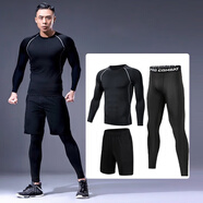 昇億 運動套裝男士健身服秋冬季運動服速干緊身衣健身褲跑步足球籃球 黑夜傳說（拼接長袖三件套） XL