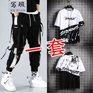 寫(xiě)璇男款短袖短褲夏天套裝男生韓版全套衣服男土一套男潮流搭配工裝褲 198工裝褲+潑墨短袖上白下黑 XL