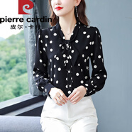 皮爾卡丹長(cháng)袖春秋雪紡衫遮肚子襯衫新款洋氣女士上衣百搭波點(diǎn)小衫針織 黑色【新款歐洲站/雪紡衫女/小衫 M