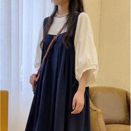 蘭威費雷日系復古背帶裙女韓版寬松顯瘦夏季新款遮肉連衣 白色單上衣窄袖口 2XL 建議140-155斤
