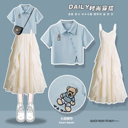 LANWEIFEILEI大碼女裝夏季套裝女新款抽繩短袖t恤女顯瘦吊帶連衣裙兩件套 53683191#套裝 M 【建議80-100斤】