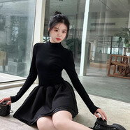 寶格妍芭比姨千金小黑裙公主連衣裙女春秋外穿修身半高領(lǐng)針織裙蓬蓬裙 黑色 L