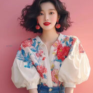 瀚冉?jīng)隹斓囊路毺仄列∩朗缗畾赓|(zhì)法式小上衣泡泡袖碎花襯衫2024 XX001白色牡丹襯衫 【質(zhì) M 【90-105斤】