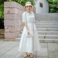 亂在江南文藝休閑棉麻連衣裙夏季新品收腰系帶簡(jiǎn)約舒適淡雅長(cháng)裙 白色 均碼