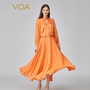 VOA40姆米重磅桑蠶絲橙色立領(lǐng)撞料拼接紐扣側(cè)拉雙層真絲連衣裙 AE1167 美人蕉橙(C83) 2XL