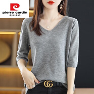 皮爾卡丹（pierre cardin）【撿漏】24年春夏新款v領(lǐng)套頭中袖打底衫女韓版洋氣寬松針織毛衣 灰色 XL