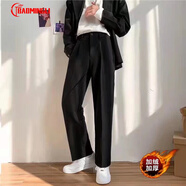 BAOMINGLI免燙西褲男秋季新款寬松潮流墜感半松緊西裝褲男韓版直筒結(jié)婚伴郎小西褲闊腿休閑長褲子男 黑色（加絨） 5XL