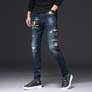 suohuang|索皇 時(shí)尚刺繡破洞牛仔褲男潮牌修身休閑小腳韓版百搭潮流 9208刺繡藍色 32碼(推薦138-148斤修身)