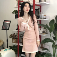 miss nitaly新款連衣裙春小個子毛衣半裙兩件裝女高腰短款針織年會裙子 粉紅色 S