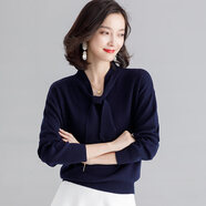 歌米拉 針織衫女套頭秋裝新款韓版寬松長袖蝴蝶結(jié)系帶針織打底衫短款毛衣女 藏青 M