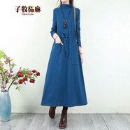 子牧棉麻秋冬裝 女復古寬松雙面德絨連衣裙過(guò)膝裙子中長(cháng)款打底裙7510 藍色 XL (建議130-145斤)