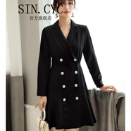 SIN.CYC女裝職業(yè)連衣裙秋季V領(lǐng)長(cháng)袖法國復古西裝小黑裙子 黑色 L