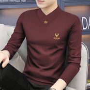 梵登諾（FANDENGNUO）新款春秋季男士長袖t恤V領(lǐng)上衣服體恤修身內(nèi)搭打底衫原創(chuàng)潮男裝 【常規(guī)款】酒紅 2XL【142-155斤】