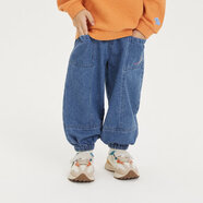 papa爬爬春兒童褲子男女童長(cháng)褲拼接牛仔褲純棉外出束腳工裝褲休閑 藍色 90 cm