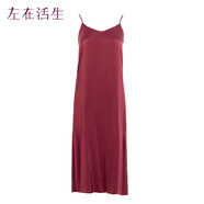 生活在左生活在左夏季女裝真絲V領(lǐng)舒適柔軟吊帶裙子百搭背心長裙 酒紅色 L
