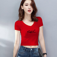 德朔露臍短袖t恤女短款T恤短袖修身V領(lǐng)韓版百搭高腰漏肚臍緊身上衣女 紅色 L