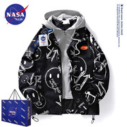 NASA BASE官方男裝潮牌聯(lián)名夾克男女款大碼棒球服寬松假兩件連帽工裝外套男 DT-2222-黑色印花 2XL（建議150-170斤）