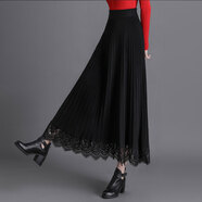 初徑針織半身裙長(cháng)裙女秋冬2025新款毛線(xiàn)大擺傘裙中長(cháng)款a字百褶蕾絲裙 黑色款 均碼 建議80-160斤