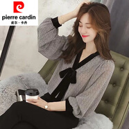 皮爾卡丹春秋新款大碼女裝雪紡衫上衣200斤胖mm顯瘦遮肚打底小衫洋氣襯衣 灰色 L 建議105-120斤