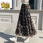 初徑碎花半身裙女2025夏季長(cháng)款高腰顯瘦大擺蛋糕裙超仙垂感雪紡長(cháng)裙子 黑色 松緊腰 均碼 80--155斤