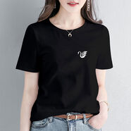 名格雅頓純棉印花t恤女簡(jiǎn)約寬松短袖女夏季新款時(shí)尚休閑百搭上衣打底衫 黑色【小天鵝】 3XL 135-150