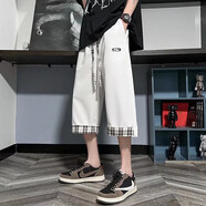 楠子漢 運動(dòng)七分褲男夏季寬松加肥加大碼過(guò)膝短褲ins潮大碼卷邊格子闊腿7分褲 白色 L