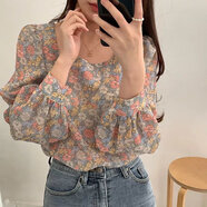 月袖（YUEXIU）韓國chic元氣少女春季甜美碎花復古方領長袖襯衫寬松雪紡上衣 花色 L
